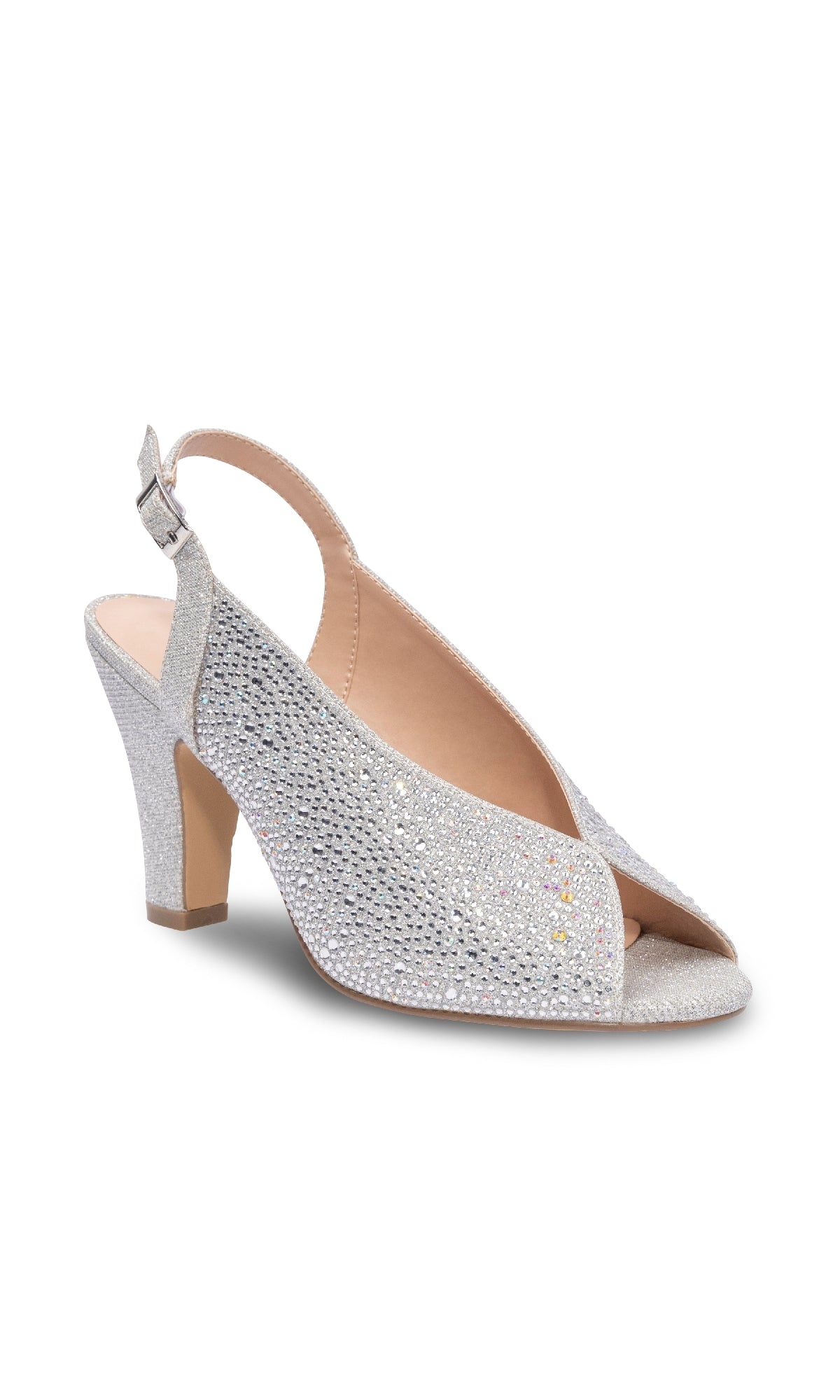 The Glory Silver Glitter Prom Shoes (Paradox London P2300) feature an open toe, medium high heel, and an adjustable ankle strap—ideal for adding sparkle to your prom look. Displayed on a white background.